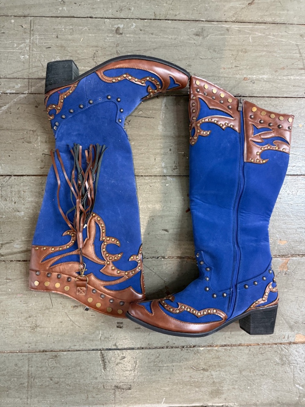 Blue Suede Western Knee-High Boots with Brown Leather Trim
